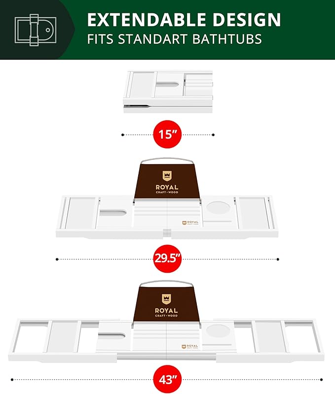 ROYAL CRAFT WOOD Premium Foldable Bathtub Tray - Wood Bath Tray for Tub, Bamboo Shelf, Expandable Bath Table Trays, Bathtub & Bathroom Accessories for New Home & Mothers Day & Birthday Gifts for Mom
