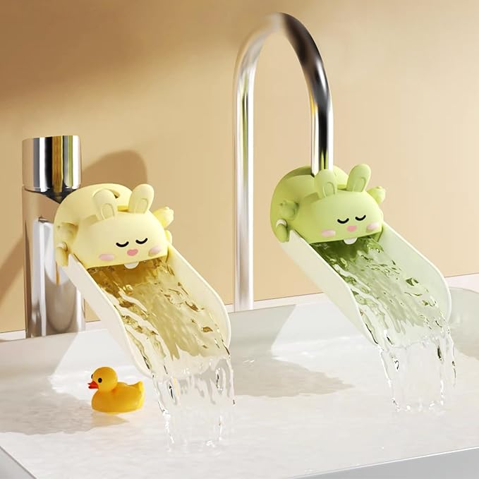 Faucet Extender Silicone Faucet Extender Temperature Sensitive for Toddlers Silicone Sink Extender Babies Kids Children (Yellow+Green/Happy Rabbit)