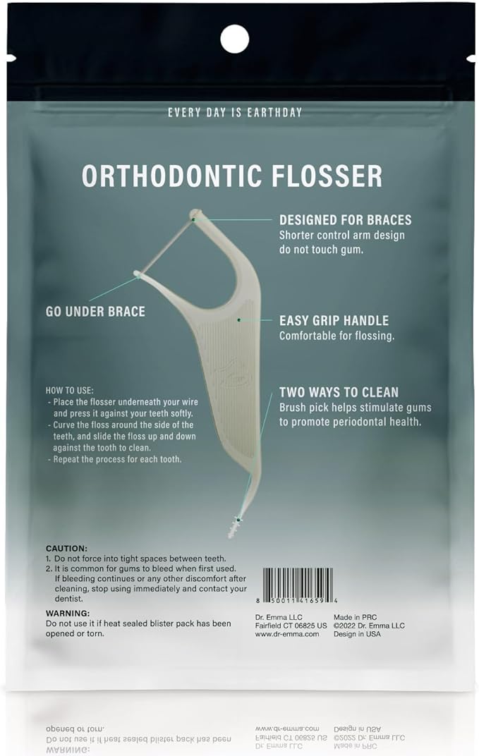 Dr. Emma Orthodontic Flossers for Braces, Ortho Dental Floss Picks, Mint Flavor 60 Count/Bag, Gray, 1 Pack