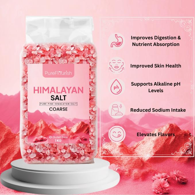 Pure Flourish® Pink Himalayan Salt (Coarse) 1kg PREMIUM UNREFINED | 100% NATURAL | GLUTEN FREE | VEGAN | VEGETARIAN | RESEALABLE POUCH