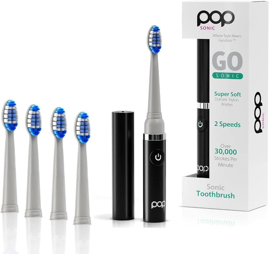 Pop Sonic Electric Toothbrush (Black + 4 Brush Heads) - Travel Toothbrushes w/AAA Battery | Kids Electric Toothbrushes with 2 Speed & 15,000-30,000 Strokes/Minute, Dupont Nylon Bristles