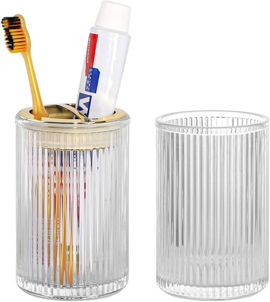 Toothbrush Holders for Bathrooms, 2pcs Glass Toothbrush Holder, 12oz Bathroom Tumbler and Mouthwash Cup, Tooth Brush and Toothpaste Organizer for Bathroom Vanity Countertop (Clear Gold)