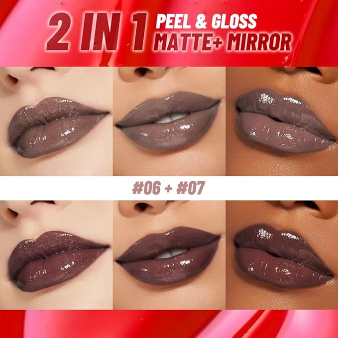 2Pcs Lip Stain Peel Off Lip Gloss oil Dual-Ended Combo, Lips Liner Stain Peel Off Masque, Long Lasting & Waterproof, Transfer-Proof Lip Tint Stain with Lip oil for All Skin Type 06#+07#