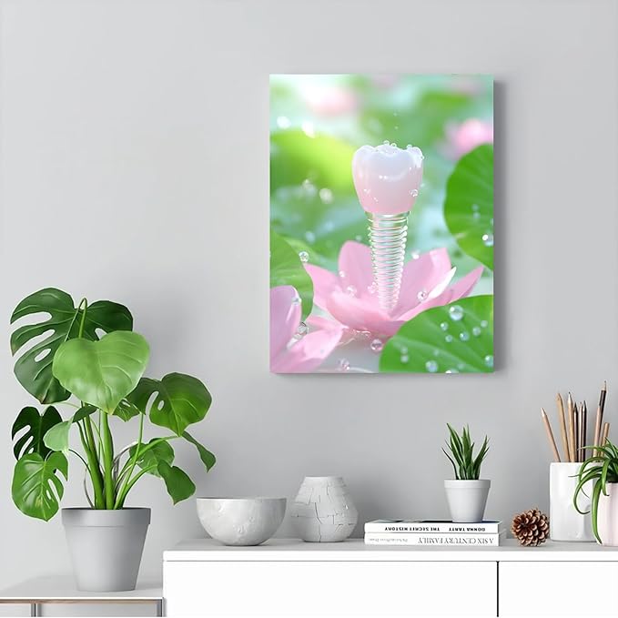 Dental Office Art Print,Lotus Petal Teeth Watercolor,Implant Illustration Canvas,Modern Clinic Decor,8x12inch Framed Painting Ready to Hang