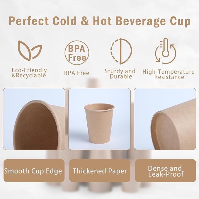 Lamosi 200 Pack 8 oz Kraft Paper Cups, Brown Disposable Paper Coffee Cups, Unbleached Paper Cups for Hot/Cold Beverage Party Home Office