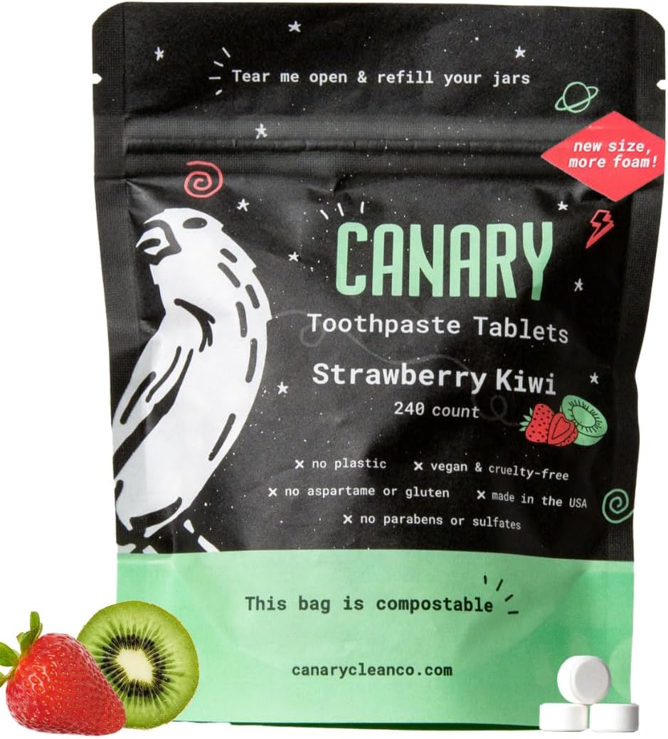 Canary Nano Hydroxyapatite Toothpaste Tablets Strawberry Kiwi - Remineralizing, Fluoride Free, All Natural Tabs with Xylitol - Great for Kids, Plastic Free - 240 Count