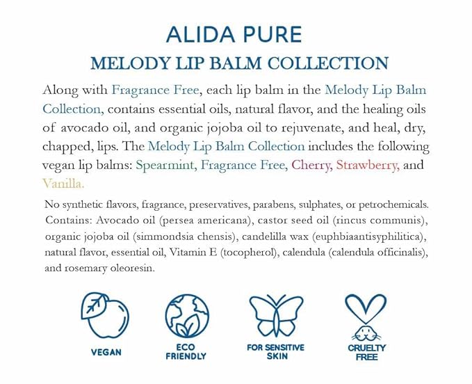 Melody Lip Balm Collection, Vegan Set, Beeswax Free, with Organic Jojoba and Avocado Oil, Vitamin E, Natural Moisturizer for Dry, Chapped Lips, 5 Tube Set