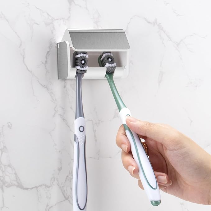 Toothbrush Holders Wall Mounted with Cover, Electric Tooth Brushing Holder for Bathroom, 2 Slots Self Adhesive Toothbrush Organizer, Toothbrush Stand for Family, Kids (1, Brushed Silver)