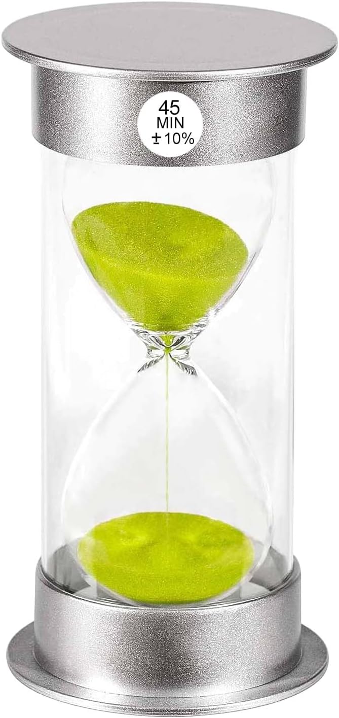 Hourglass Sand Timer 45 Minute, Green Sand Clock 45 Minute, Small Sand Watch 45 Min, Silver Plastic Hour Glass Sandglass Timer for Kids, Games, Classroom, Kitchen, Decoration