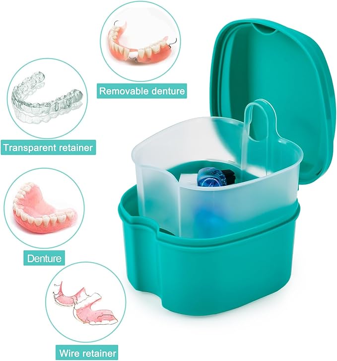 2 Pack Color Retainer Cleaner Case Denture Cups for Soaking Dentures, False Teeth Container Partial Denture Cleaning Case with Lid Travel - Lake Green and Dark Blue