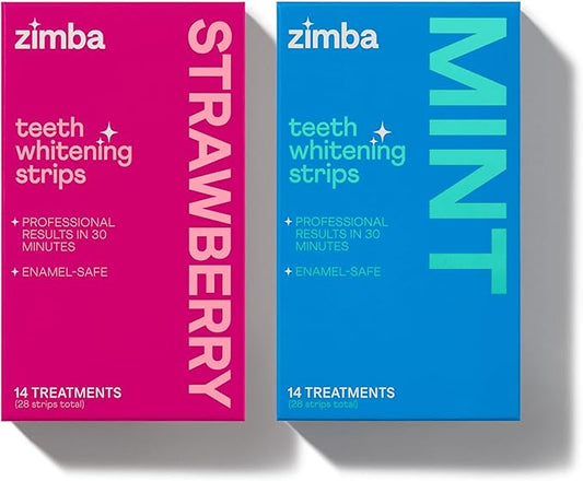 Zimba Teeth Whitening Strips for Teeth Sensitive, White Strips for Teeth Whitening, Teeth Whitener Stain Remover 28 White Strips Included Per Pack, 2 Pack (14 Day Treatment), Strawberry and Mint