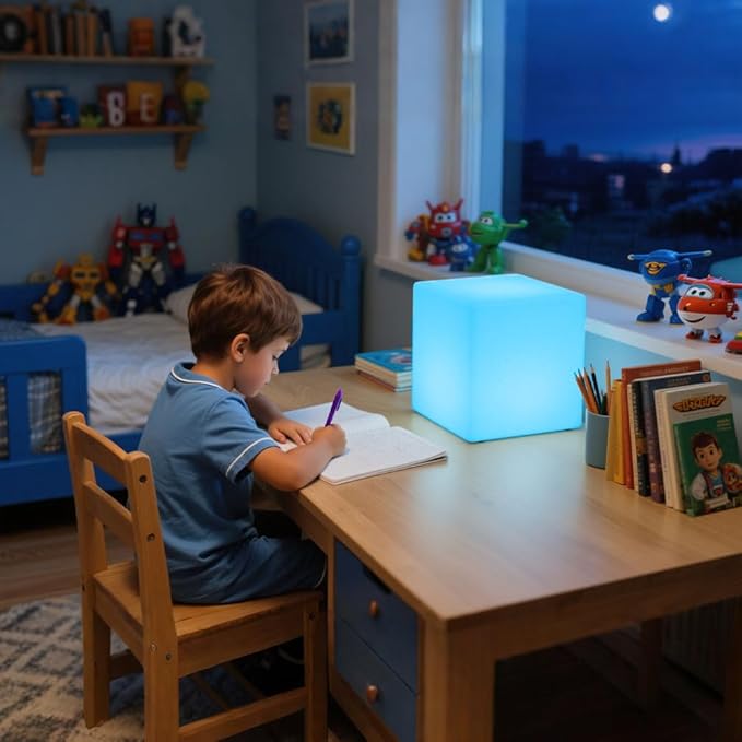 8-in LED Cube Night Light Mood Lamp, Cordless LED Light Cubes for Kid, Rechargeable 16 RGB Colors Changing Light Up Cube Bedside Lamp w/Remote, Waterproof Nursery Kid Stool for Home Patio Garden Party