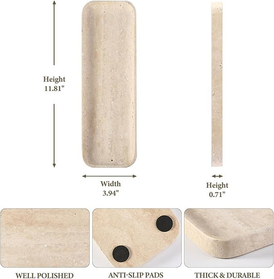 Koville Travertine Tray for Bathroom Sink, 12"x4" Natural Stone Vanity Tray for Kitchen Dresser Countertop, Rectangular Decorative Marble Tray for Jewelry Perfume Trinket(Beige)
