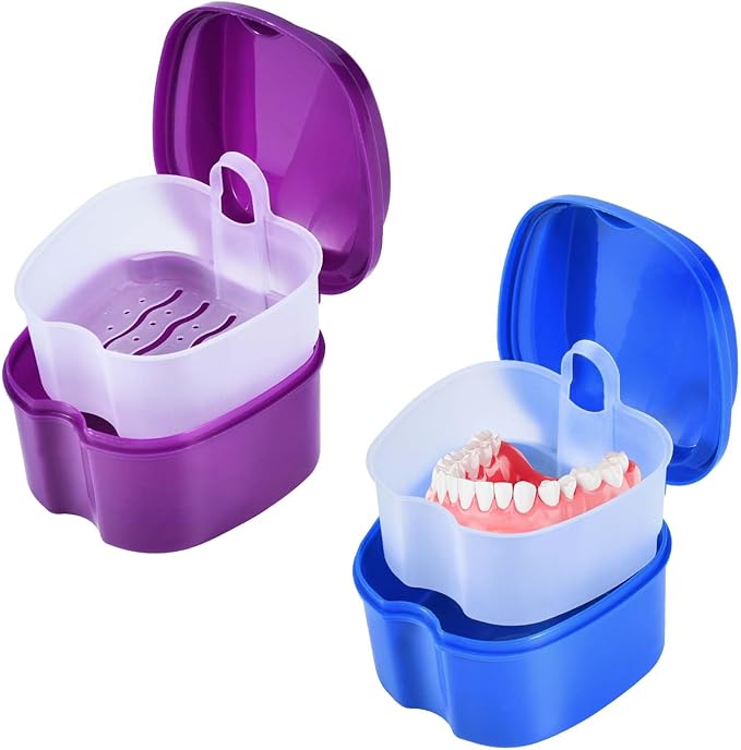 2 Pack Colors Denture Bath Case Cup Box Holder Storage Soak Container with Strainer Basket for Travel Cleaning (Blue and Purple)