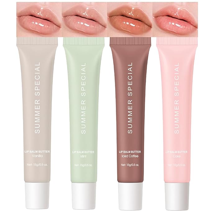 URQT 4PCS Summer Special Lip Butter Balm, Hydrating, Nourishing & Softening Lip Care with Natural Oils & Fruit Extracts, Long-Lasting Moisture, Non-Sticky Shine, Soften Dry Lips Lip Care (4PCS, 4)