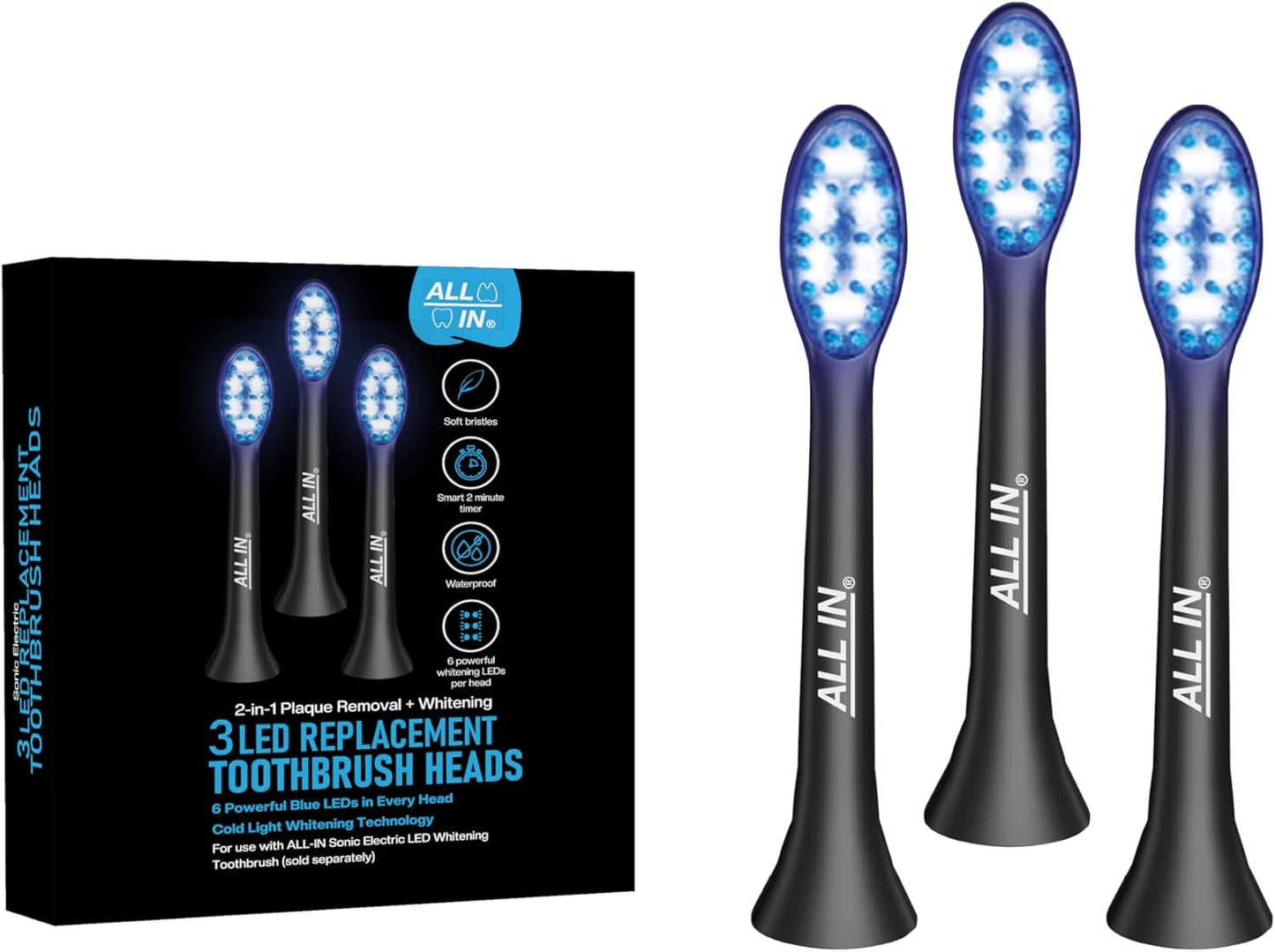 ALL IN Replacement Heads for ALL IN Sonic Electric LED Whitening Toothbrush with Blue & RED LED Light Technology and 4 Advanced Deep Cleaning Modes with a Timer, BPA Free and PHTHALATES Free (3)