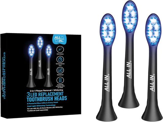 ALL IN Replacement Heads for ALL IN Sonic Electric LED Whitening Toothbrush with Blue & RED LED Light Technology and 4 Advanced Deep Cleaning Modes with a Timer, BPA Free and PHTHALATES Free (3)