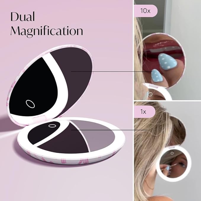 Fancii Taylor LED Lighted Travel Makeup Mirror, Rechargeable, 10x /1x Magnifying, Tru-Glow Lighting System, XL Large 5” Wide | Compact Mirror for Purses (Rosette Ribbon)