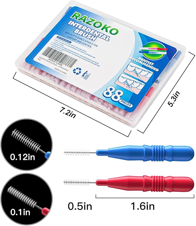 RAZOKO Interdental Brush, Flossing Head,Easy Use Tooth Cleaning Tool (1Pack(2.5mm/3mm)-88pcs)