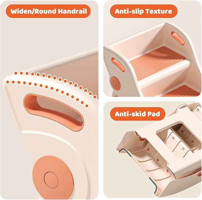 Step Stool for Toddlers – Foldable Toddler Step Stool for Bathroom Sink, 100lbs Load Bearing Non-Slip Kids Stool with Handles and Anti-Tip Design - Potty Training Stool for Ages 2+ (2.Brown)