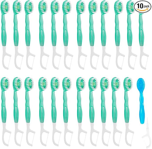 Mini Disposable Toothbrushes with Toothpaste 5 in 1 Portable Individually Wrapped Travel Toothbrush with Toothpaste + Tongue Scraper + Picks+Floss Travel Case (Green Plum Tea, 10)