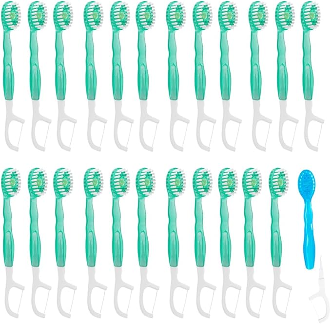 Mini Disposable Toothbrushes with Toothpaste 5 in 1 Travel Portable Toothbrush with Toothpaste + Tongue Scraper + Picks+Floss Travel Case Individually Wrapped (Green Plum Tea, 26)