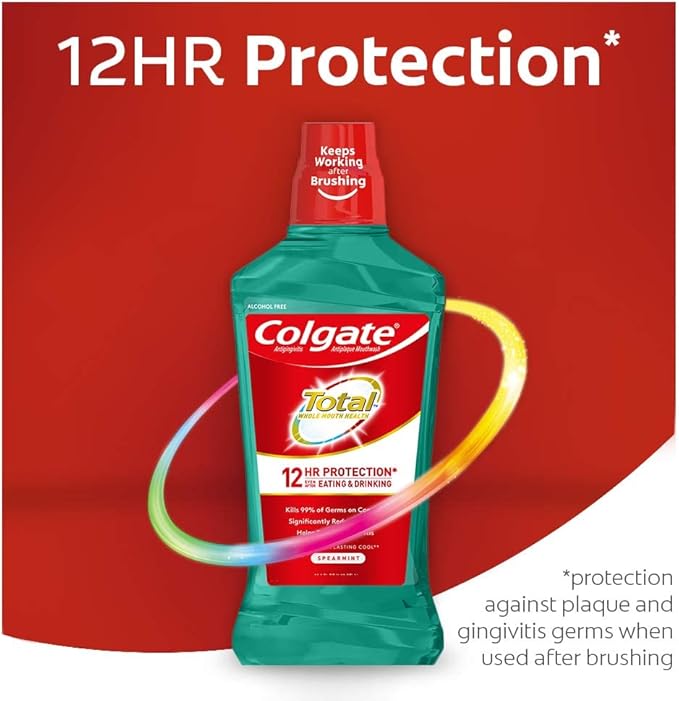 Colgate Total Pro-Shield Alcohol Free Mouthwash, Antibacterial Formula, Spearmint - 500 mL, 16.9 Fluid Ounce (6 Pack)