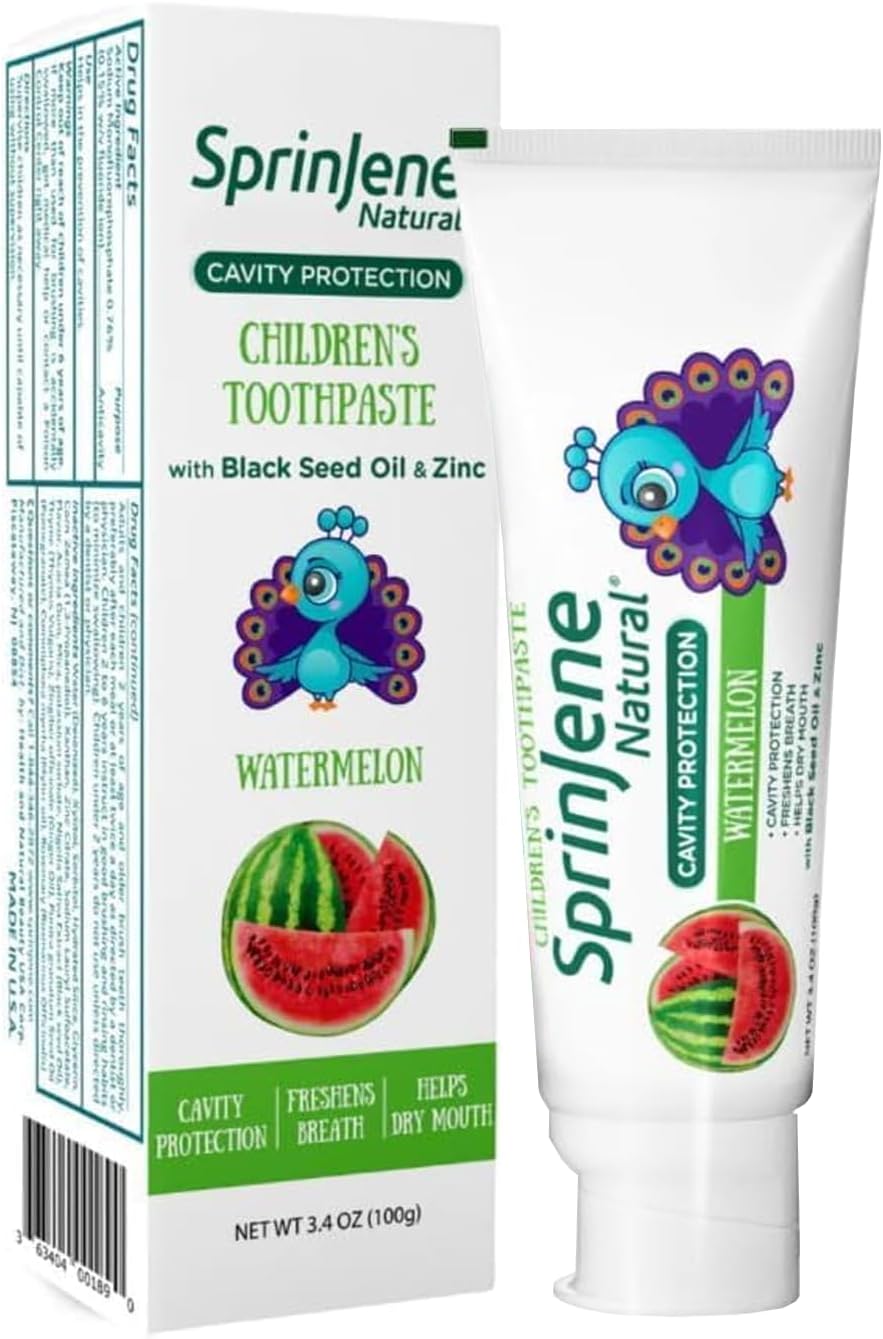 SprinJene Natural Children’s Toothpaste – Watermelon Fluoride Toothpaste for Kids & Toddlers – Cavity Protection – Safe Natural Formula with Patented Black Seed Oil & Zinc – Made in The USA (1 Pack)
