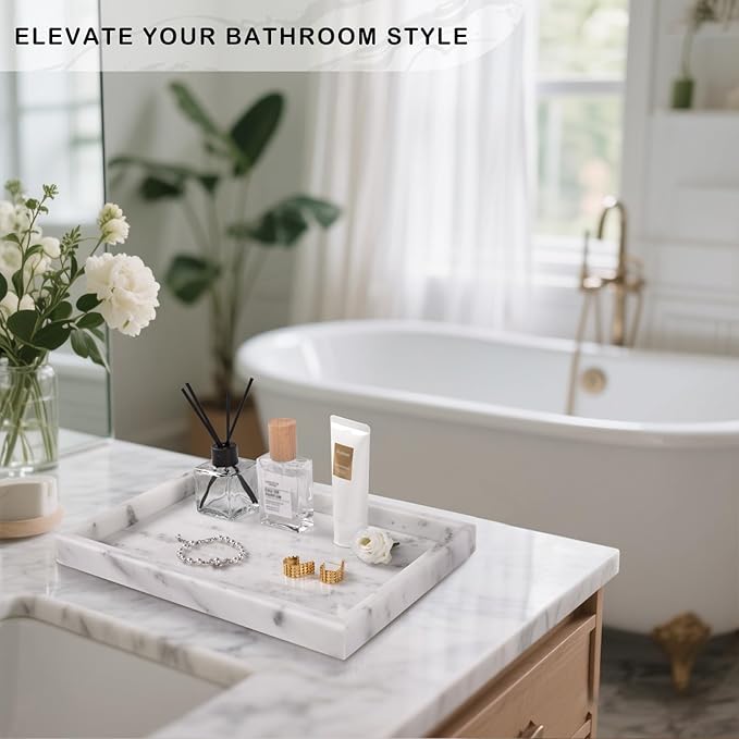 Marble Bathroom Tray for Countertop & Home Decor, Natural Decorative Marble Tray for Jewelry & Perfume Organizer, Luxury Stone Vanity Trays for Dresser, Kitchen Counter, 12" x 8", Starry White