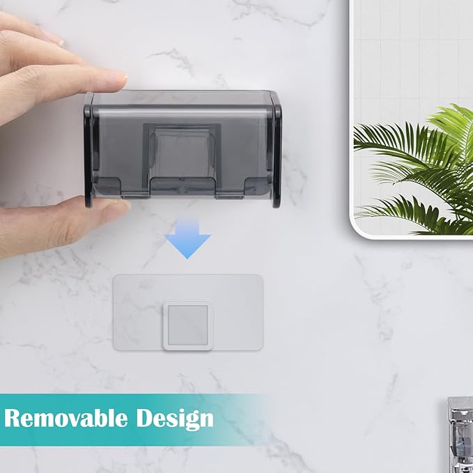 2 PCS Toothbrush Holders Wall Mounted with Cover, Electric Tooth Brushing Holder for Bathroom, 2 Slots Self Adhesive Toothbrush Organizer for Family, Kids (2, Transparent Black)