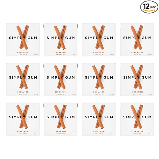SIMPLY Gum Cinnamon, Plastic-Free Natural Chewing Gum, 12 Pack (180 Pieces) | Vegan, Kosher, Non GMO, Aspartame Free and Sorbitol Free