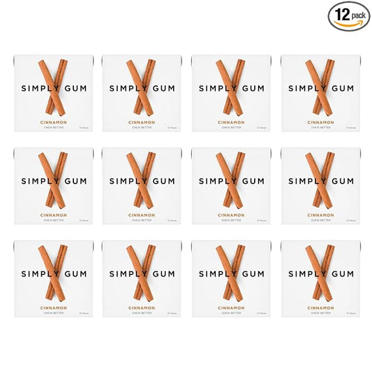 SIMPLY Gum Cinnamon, Plastic-Free Natural Chewing Gum, 12 Pack (180 Pieces) | Vegan, Kosher, Non GMO, Aspartame Free and Sorbitol Free