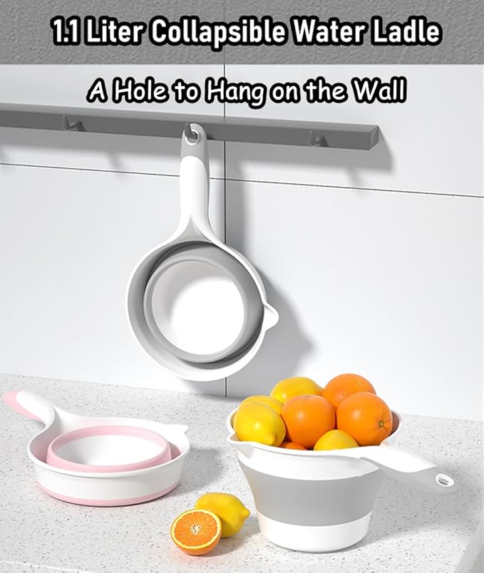 Collapsible Plastic Water Ladle Folding Scoop for Bath Soaking Cleaning, Portable Water Pourer Dipper Spoon for Camping Travel, Small Shower Bucket Basin Tub Rinse Cup Mug for Hair Washing, Gray