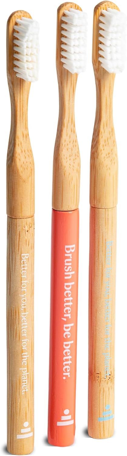 Better & Better Natural Bamboo Toothbrush | Soft Bristles | 100% Plant-Based | Reusable Handle and Replaceable Brush Head | Eco-Friendly, Zero Plastic | Adult Size (Toothbrush, Blue, White & Orange)