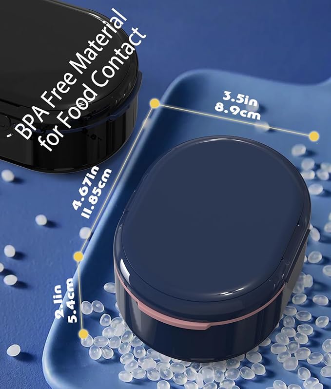 MURRI&MURRDI Retainer Case, Denture Bath Box with Strainer Basket, Mouth Guard Case, Braces Cleaner Cup, Cute Denture Holder Retainer Storage Soak Container for Travel (D Dark Blue)