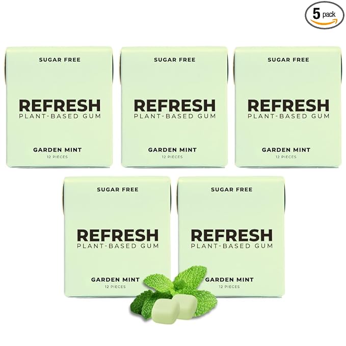 Refresh Gum, Xylitol, Natural, Sugar Free, Chewing Gum, Plastic Free, Natural Flavors & Organic Ingredients, Non GMO, Gluten Free, Vegan, 12 Count (Pack of 5), Garden Mint