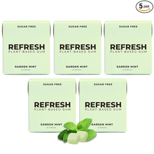 Refresh Gum, Xylitol, Natural, Sugar Free, Chewing Gum, Plastic Free, Natural Flavors & Organic Ingredients, Non GMO, Gluten Free, Vegan, 12 Count (Pack of 5), Garden Mint