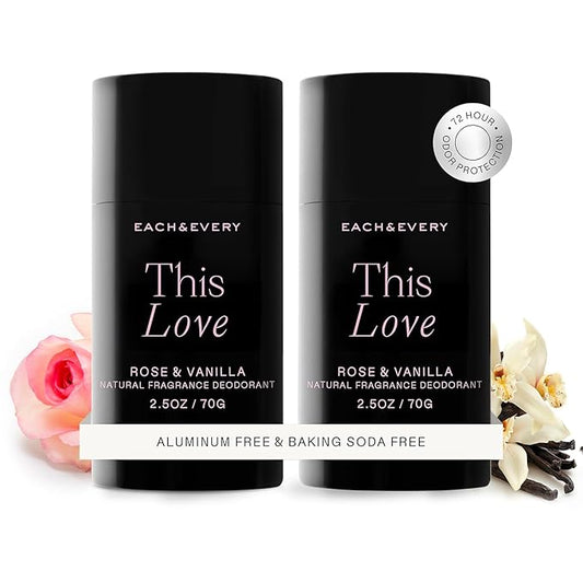 Each & Every Aluminum Free Deodorant for Women & Men, Rose & Vanilla - All Natural Deodorant for Sensitive Skin, EWG Verified - Clean, Baking Soda-Free, Plant-Based Fragrance - 2.5oz, 2 Pack