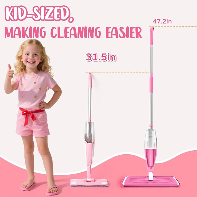 Pink Mini Spray Mop for Toddler-Girls Montessori Cleaning Toy That Real Spray Water,Pretend Playhouse Essentials for Girls Ages 3-8,Toddler Educational Housekeeping Set