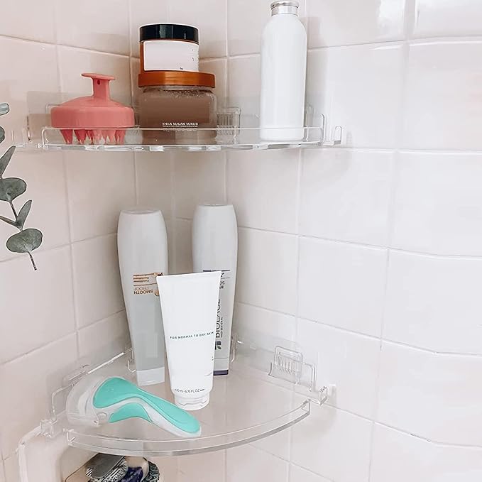 JiePai Acrylic Corner Shower Caddy Shelf with Hooks 2 Pack, Adhesive Wall Mounted Bathroom Shower Organizer for Inside Shower & Kitchen Storage, Space-Saving Design