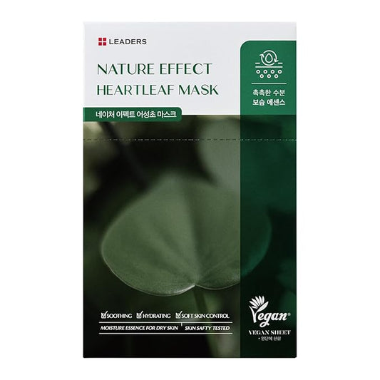 LEADERS Nature Effect Heartleaf Mask - Hydrating & Restoring Face Mask for Dry, Acne-Prone, Sensitive Skin | Soothing, Balancing, & Soft Skin Control Serum Content, Vegan Certified - 10 Sheets