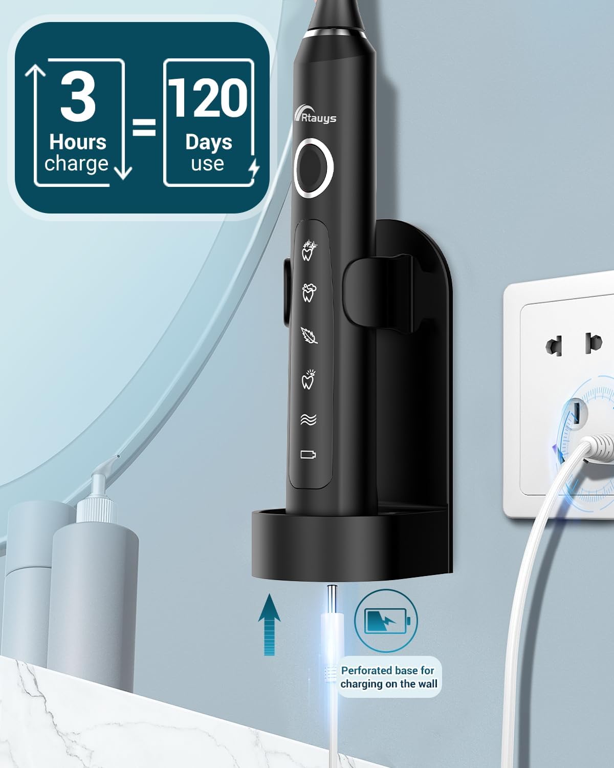 Rtauys M5 Sonic Electric Toothbrush for Adults and Kids - Rechargeable Toothbrush with Electric Toothbrush Cover, 8 Brush Heads & Travel Case, 120 Days Battery Life - BlackSilver