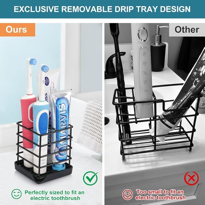 Toothbrush Holders for Bathrooms, Stainless Steel Bathroom Toothbrush Holder Kids Electric Tooth Brushing Holder Stand and Toothpaste Holder for Bathroom Accessories Organizer with Tray, Black (Small)