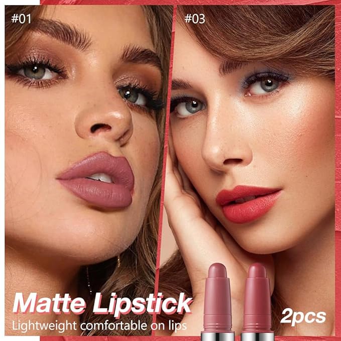 2Pcs Matte Lipstick Crayon - High Pigment Creamy Formula, Waterproof Long Lasting, Smooth Glide Application, Non-Sticklipstick, Ultra Thin Lightweight, Velvet Matte Lip Feel for Women 01#+03#