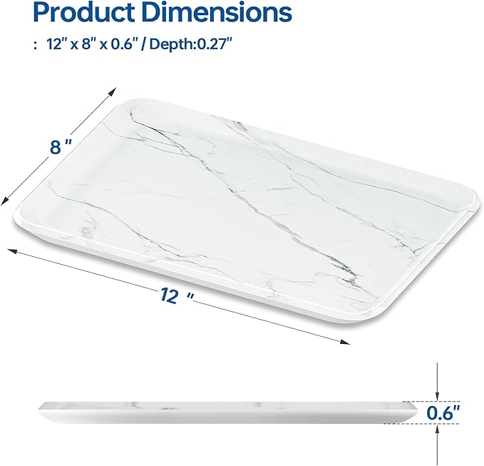Vanity Decorative Tray, 12" x 8" White Marble Pattern Perfume Tray, Bathroom & Countertop Organizer for Soap, Jewelry, Candle