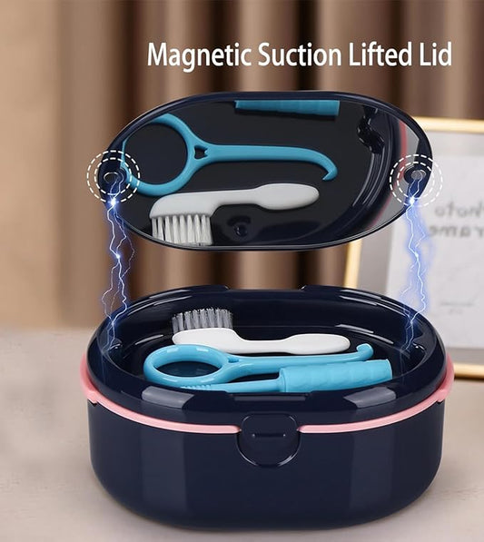 MURRI&MURRDI Retainer Case, Denture Bath Box with Strainer Basket, Mouth Guard Case, Braces Cleaner Cup, Cute Denture Holder Retainer Storage Soak Container for Travel (D Dark Blue)