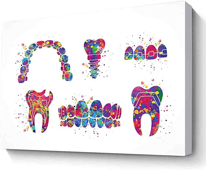 MBARE Watercolor Abstract Canvas Wall Art,Dentist Art Watercolor Print Tooth Teeth Dental Office Clinic Dentistry Dental Implant Orthodontic Orthodontist Teeth Braces~-16"X24" Canvas Print With Frame
