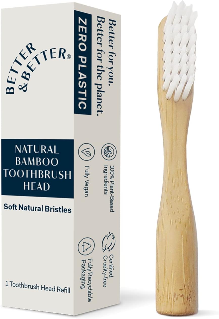 Better & Better Natural Bamboo Toothbrush Head Refill | Soft Bristles | 100% Plant-Based | Replaceable Brush Head Only | Eco-Friendly, Zero Plastic | Adult Size, Fits Reusable Handle