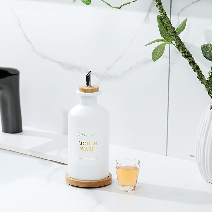 11.8OZ Mouthwash Dispenser for Bathroom with Bamboo & Stainless Steel Pour Spout, Mouthwash Cup Reusable, Bamboo Tray, and Elegant Gold Label. （White