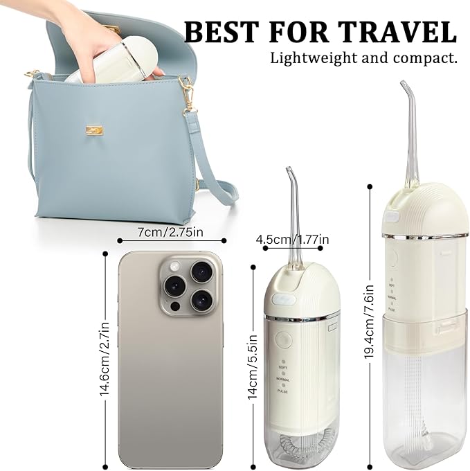 Mini Water Dental Flosser Pick for Travel, Rechargeable Oral Irrigator, Portable Collapsible Water Teeth Cleaner for Braces and Dental Care Sensitive Teeth On-The-Go Use